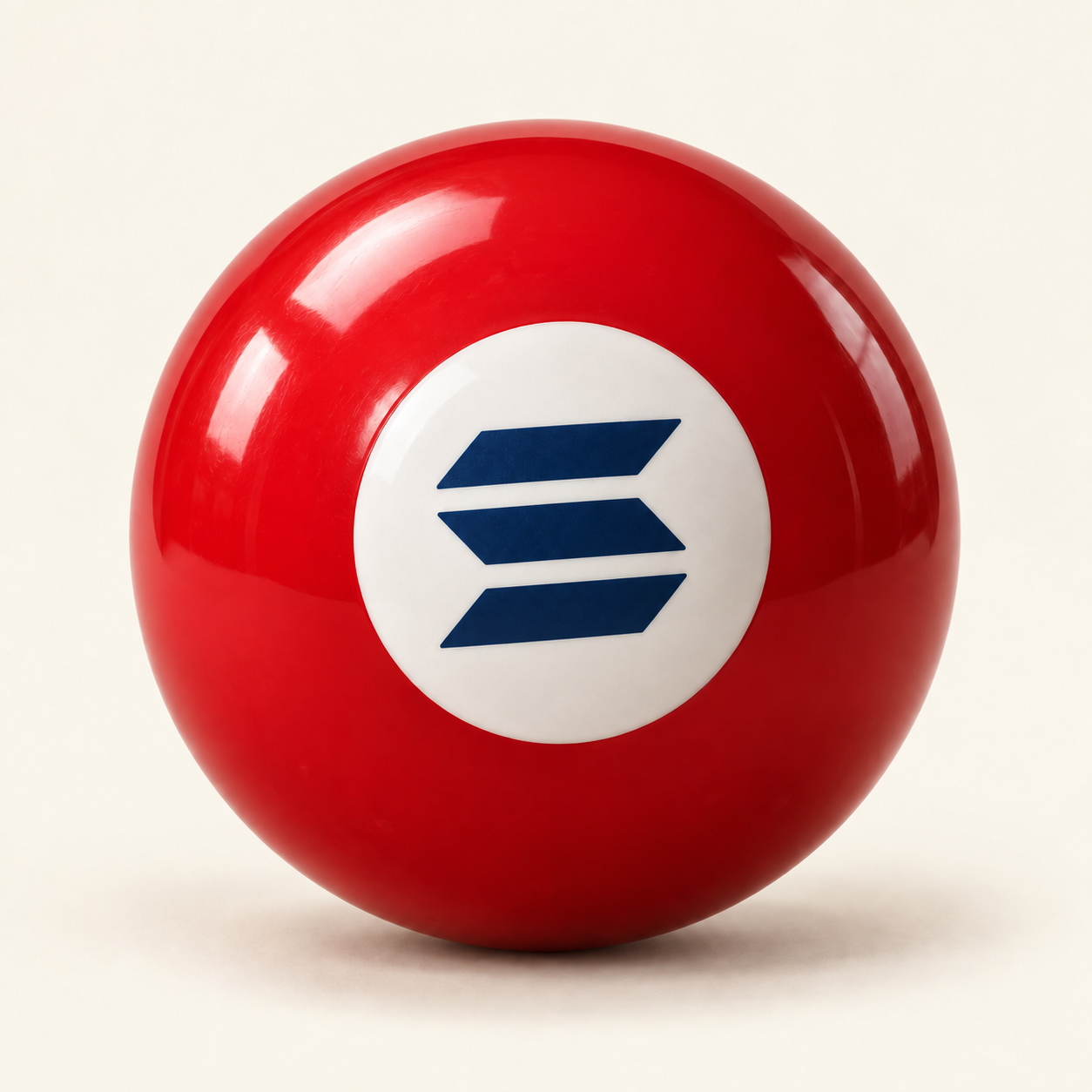 Glossy red lottery ball with the Solana symbol on its cream centre